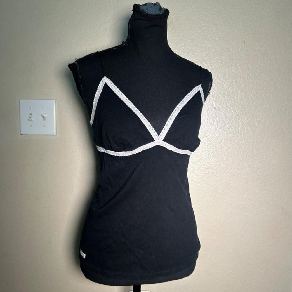 Ralph Lauren Y2K Black Cami Top White Lace Trim Fitted Tank Top XL